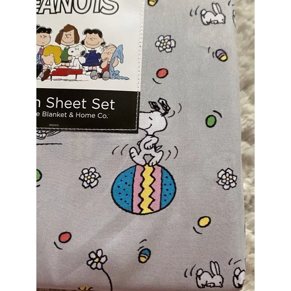 Peanuts Snoopy Easter Egg Bunny Floral QUEEN‎ Sz Sheet Set Soft Grey NEW